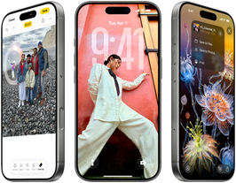 3 iPhone 17 Pro models, front exterior, side by side, demonstrating iOS 26, liquid glass effect and Apple Intelligence feature