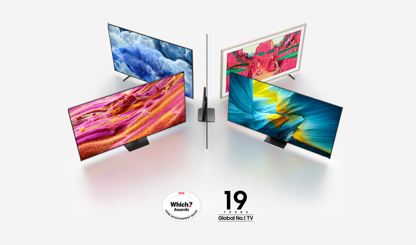 Four modern TVs displaying abstract art, with 'Which? Awards 2025' and '19 YEARS Global No.1 TV' badges below