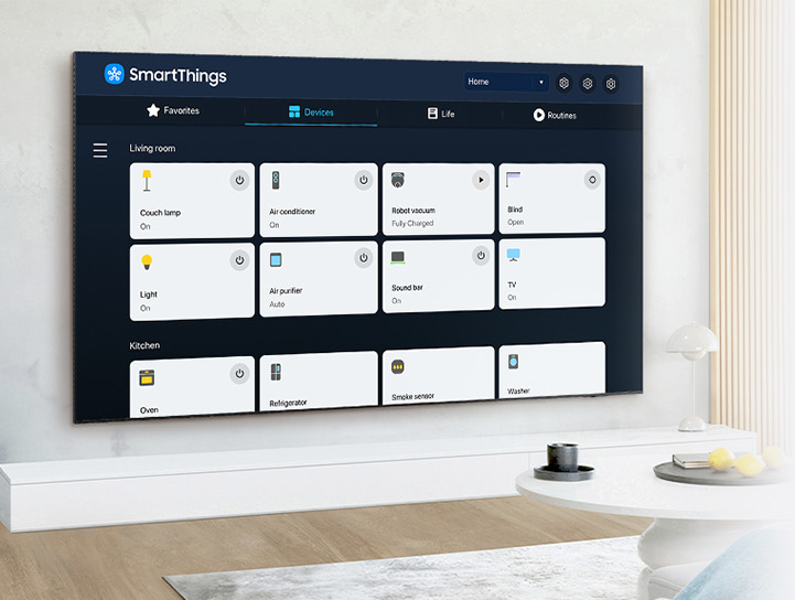 TV showing SmartThings interface in living room
