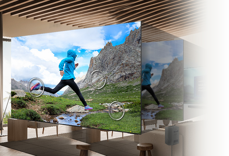 TV showing runner in mountains with detail circles