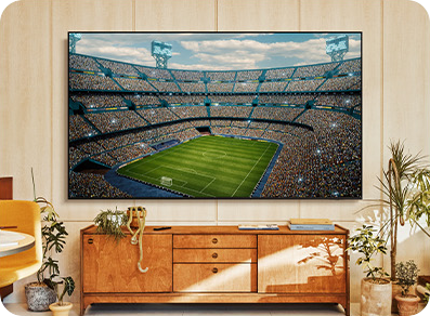 TV displaying football stadium on wooden wall
