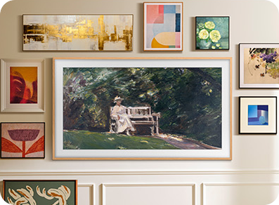 Gallery wall with TV displaying garden painting