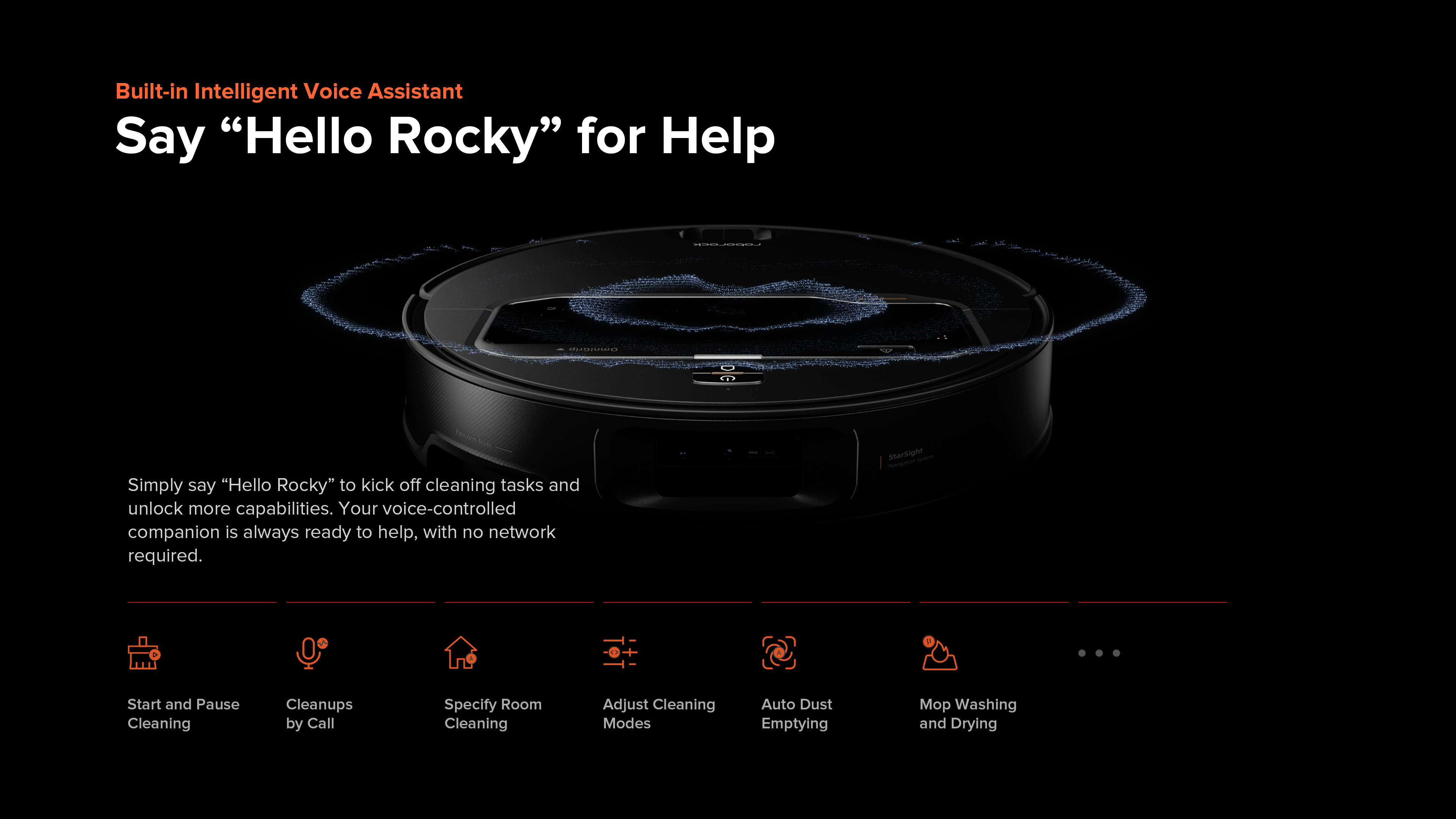 IBuilt-in Intelligent Voice Assistant
Say “Hello Rocky” for Help
Simply say “Hello Rocky” to kick off cleaning tasks and unlock more capabilities. Your voice-controlled companion is always ready to help, with no network required.